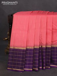 Pure soft silk saree peach pink and violet with zari woven buttas and zari woven checked border