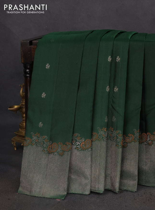 Pure soft silk saree dark green with zari woven buttas and rich zari woven border