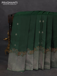 Pure soft silk saree dark green with zari woven buttas and rich zari woven border
