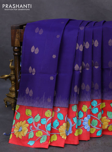 Pure soft silk saree dark blue and red with zari woven buttas and hand painted kalamkari pallu
