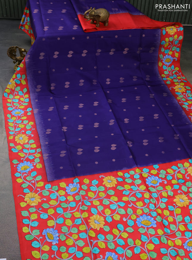 Pure soft silk saree dark blue and red with zari woven buttas and hand painted kalamkari pallu