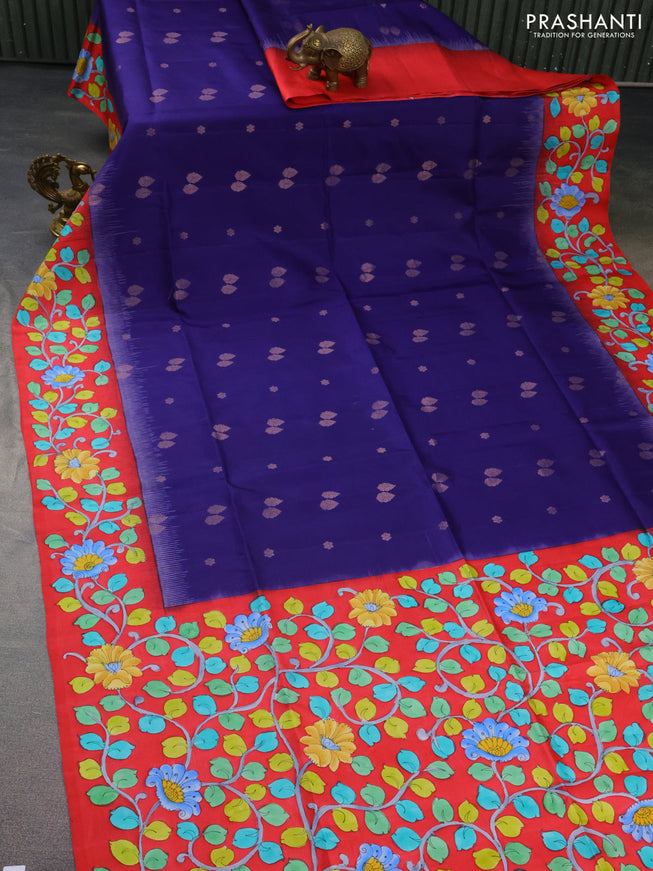 Pure soft silk saree dark blue and red with zari woven buttas and hand painted kalamkari pallu