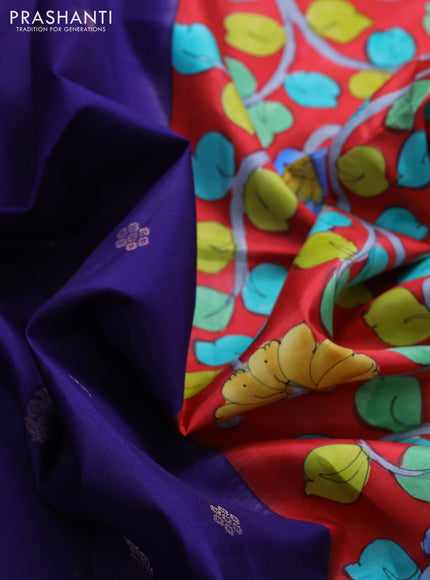 Pure soft silk saree dark blue and red with zari woven buttas and hand painted kalamkari pallu
