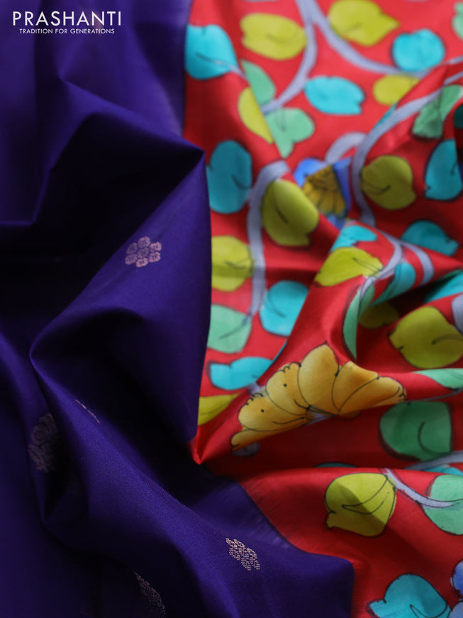Pure soft silk saree dark blue and red with zari woven buttas and hand painted kalamkari pallu