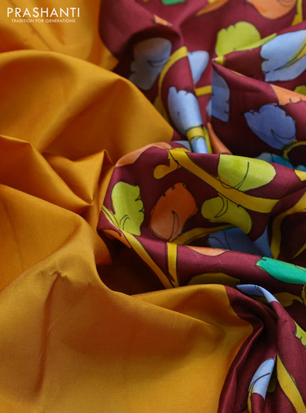 Pure soft silk saree mustard yellow and maroon with plain body and hand painted kalamkari pallu