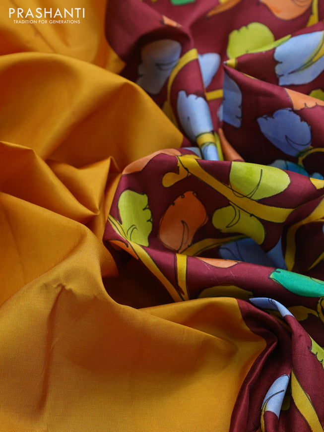Pure soft silk saree mustard yellow and maroon with plain body and hand painted kalamkari pallu