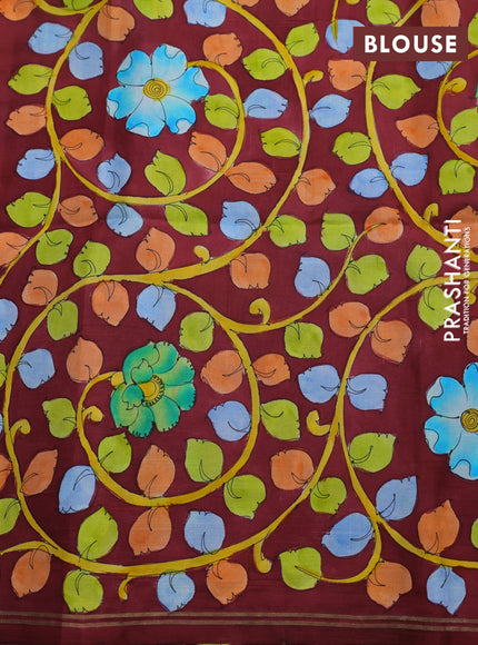 Pure soft silk saree mustard yellow and maroon with plain body and hand painted kalamkari pallu