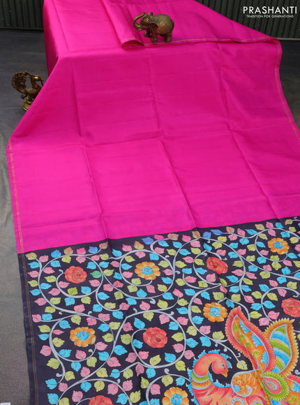 Pure soft silk saree pink and black with plain body and hand painted kalamkari pallu