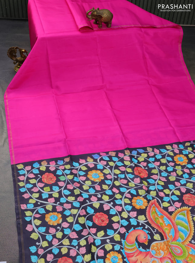 Pure soft silk saree pink and black with plain body and hand painted kalamkari pallu