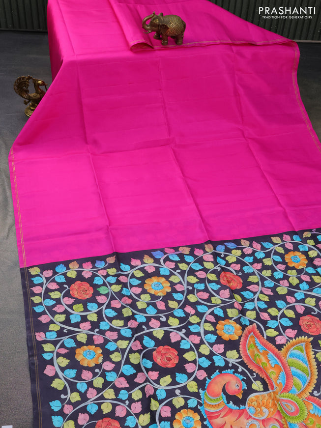 Pure soft silk saree pink and black with plain body and hand painted kalamkari pallu