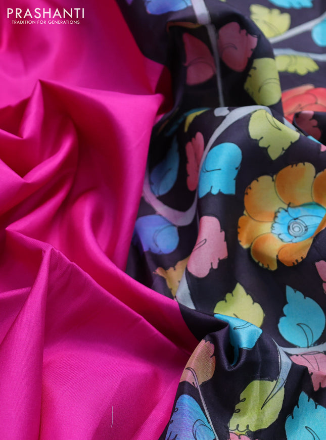Pure soft silk saree pink and black with plain body and hand painted kalamkari pallu