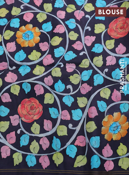 Pure soft silk saree pink and black with plain body and hand painted kalamkari pallu