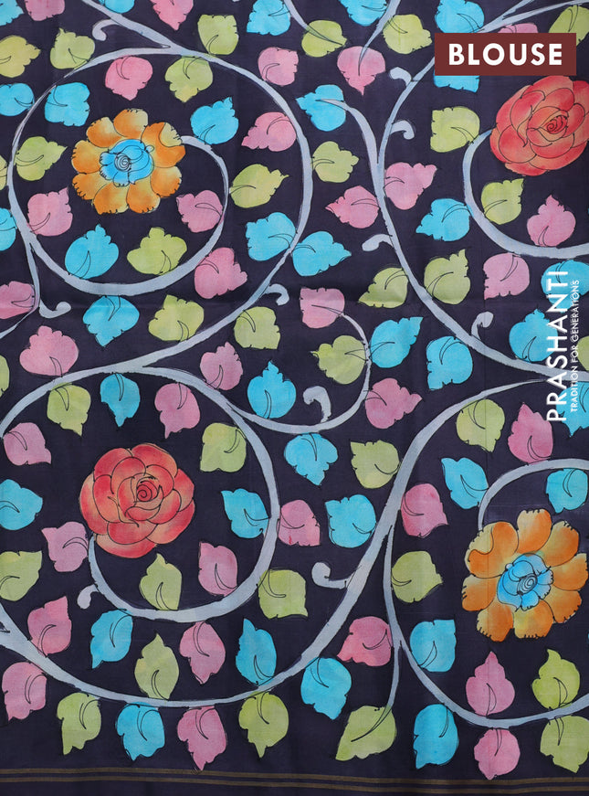 Pure soft silk saree pink and black with plain body and hand painted kalamkari pallu