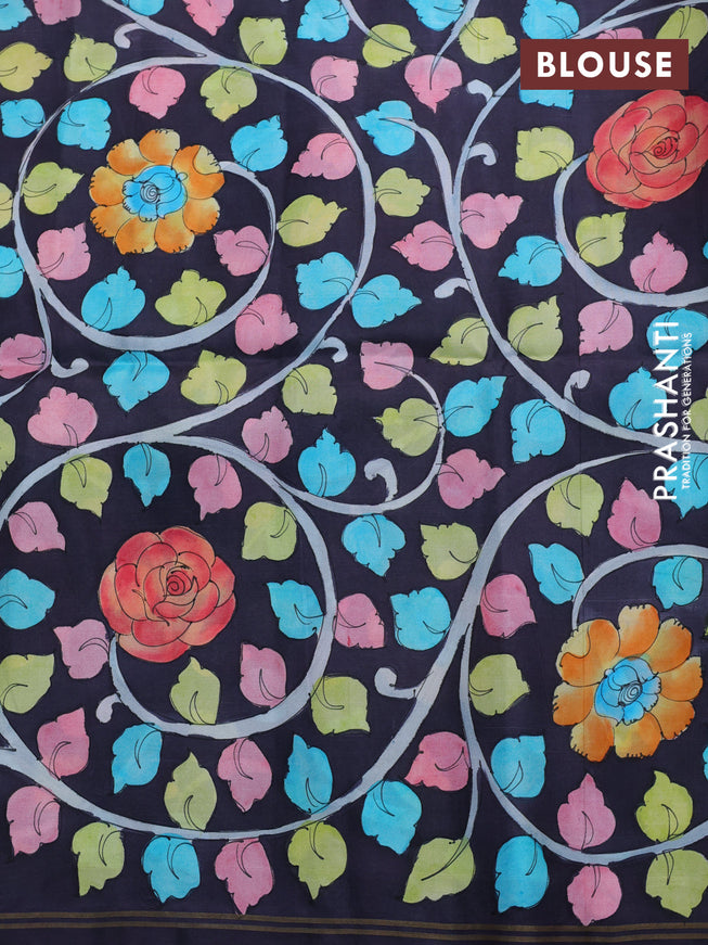 Pure soft silk saree pink and black with plain body and hand painted kalamkari pallu