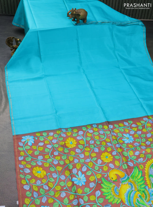 Pure soft silk saree teal blue and brown with plain body and hand painted kalamkari pallu