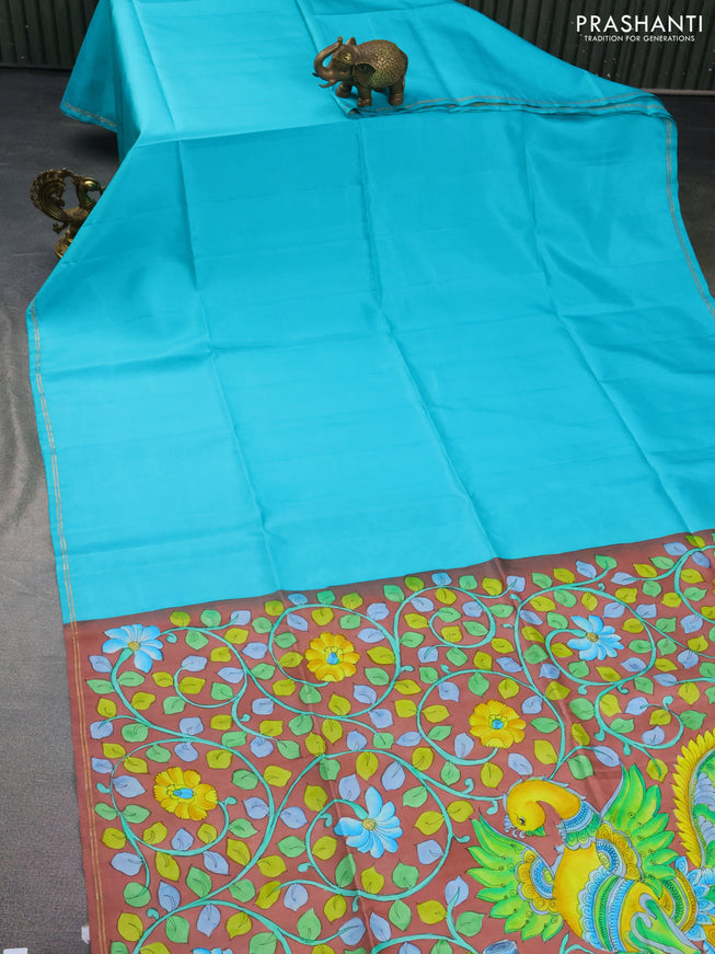 Pure soft silk saree teal blue and brown with plain body and hand painted kalamkari pallu