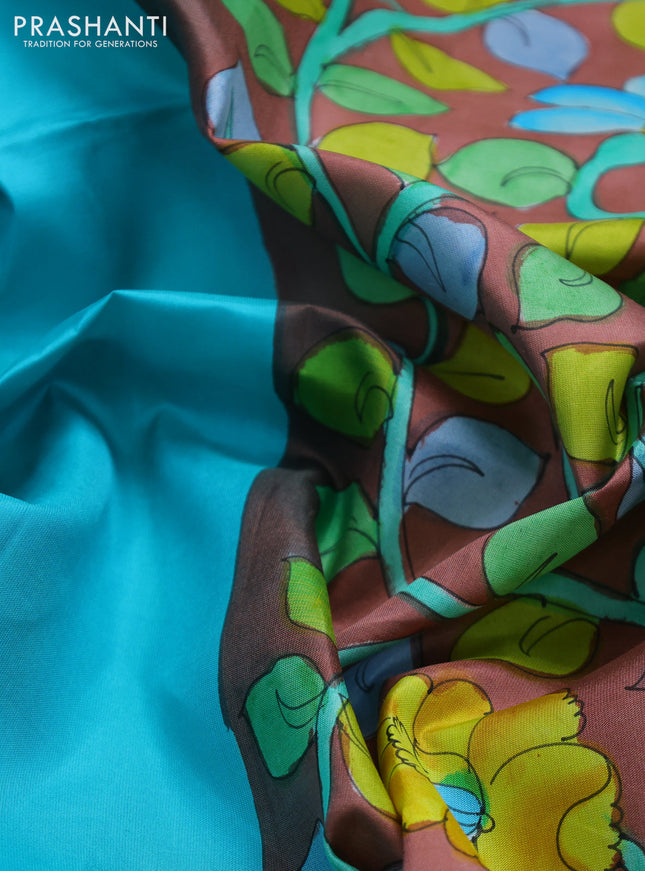 Pure soft silk saree teal blue and brown with plain body and hand painted kalamkari pallu