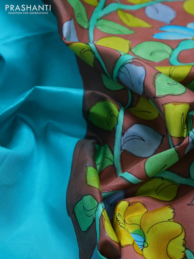 Pure soft silk saree teal blue and brown with plain body and hand painted kalamkari pallu