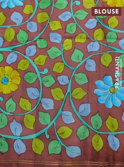 Pure soft silk saree teal blue and brown with plain body and hand painted kalamkari pallu