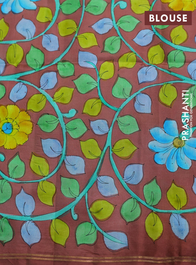 Pure soft silk saree teal blue and brown with plain body and hand painted kalamkari pallu