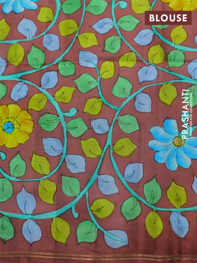 Pure soft silk saree teal blue and brown with plain body and hand painted kalamkari pallu