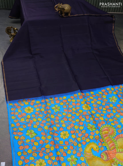 Pure soft silk saree navy blue and cs blue with plain body and hand painted kalamkari pallu