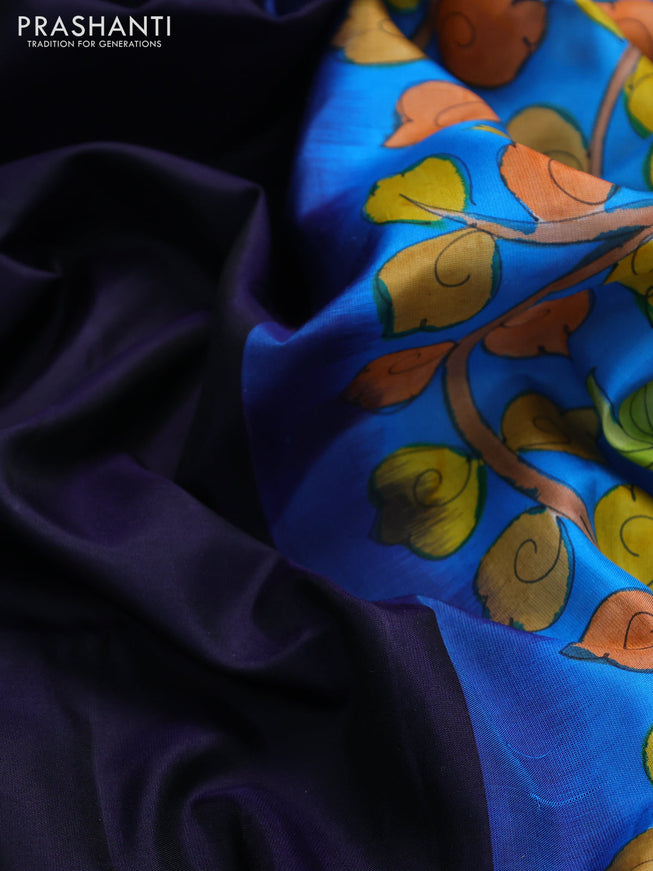 Pure soft silk saree navy blue and cs blue with plain body and hand painted kalamkari pallu
