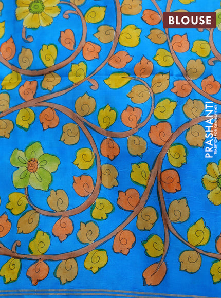 Pure soft silk saree navy blue and cs blue with plain body and hand painted kalamkari pallu