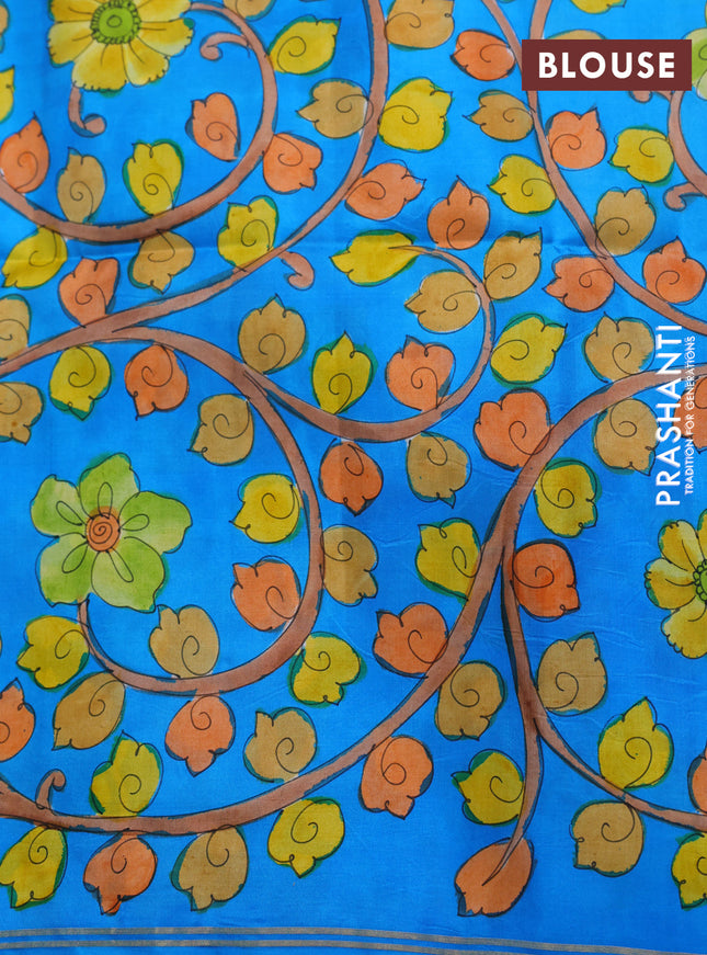 Pure soft silk saree navy blue and cs blue with plain body and hand painted kalamkari pallu