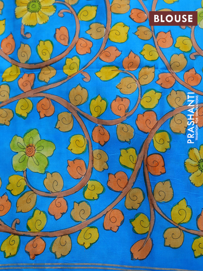 Pure soft silk saree navy blue and cs blue with plain body and hand painted kalamkari pallu