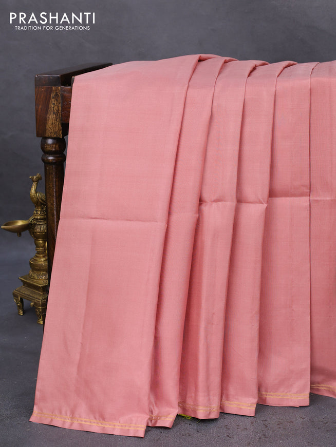 Pure soft silk saree peach shade and lime green with plain body and hand painted kalamkari pallu