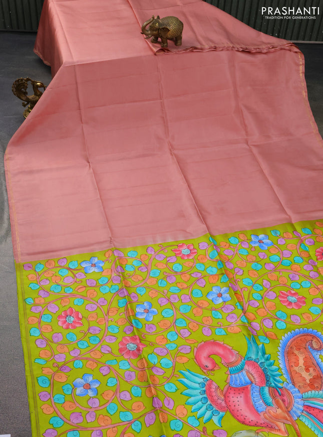 Pure soft silk saree peach shade and lime green with plain body and hand painted kalamkari pallu