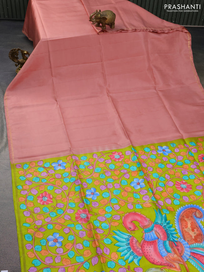 Pure soft silk saree peach shade and lime green with plain body and hand painted kalamkari pallu