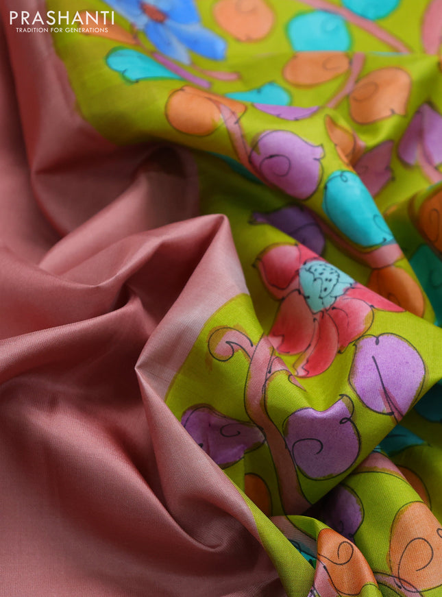 Pure soft silk saree peach shade and lime green with plain body and hand painted kalamkari pallu