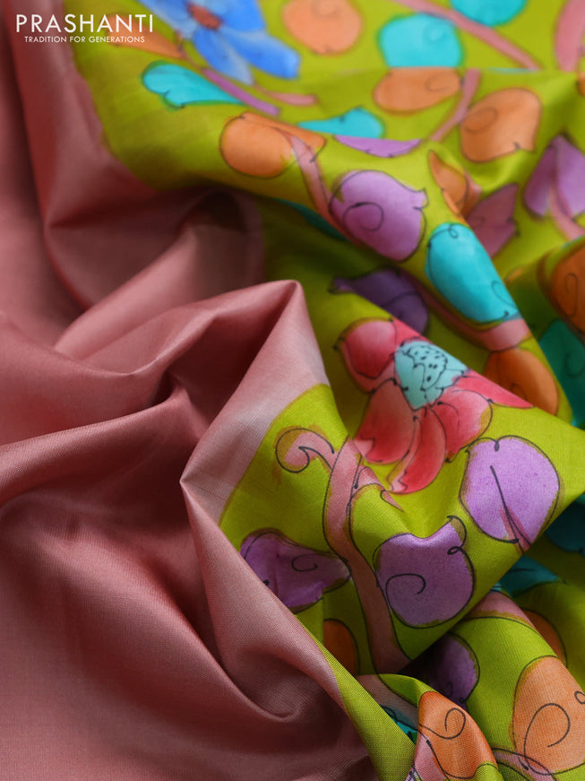 Pure soft silk saree peach shade and lime green with plain body and hand painted kalamkari pallu