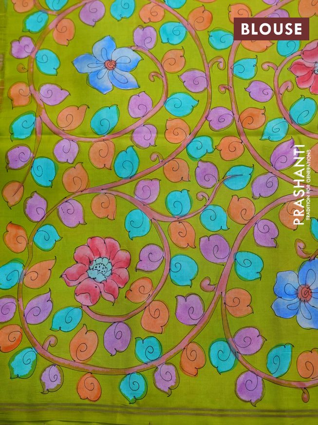 Pure soft silk saree peach shade and lime green with plain body and hand painted kalamkari pallu