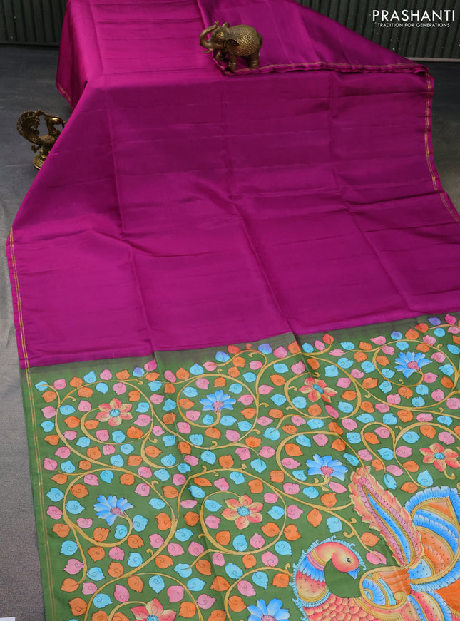 Pure soft silk saree purple and sap green with plain body and hand painted kalamkari pallu