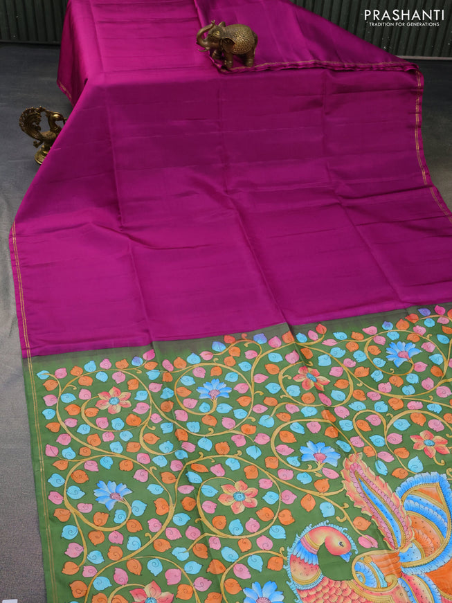 Pure soft silk saree purple and sap green with plain body and hand painted kalamkari pallu