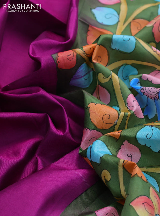 Pure soft silk saree purple and sap green with plain body and hand painted kalamkari pallu