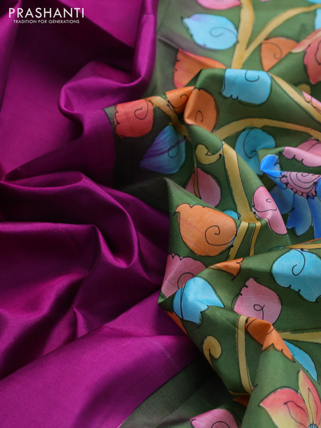 Pure soft silk saree purple and sap green with plain body and hand painted kalamkari pallu