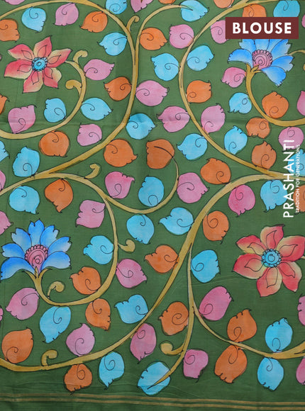 Pure soft silk saree purple and sap green with plain body and hand painted kalamkari pallu