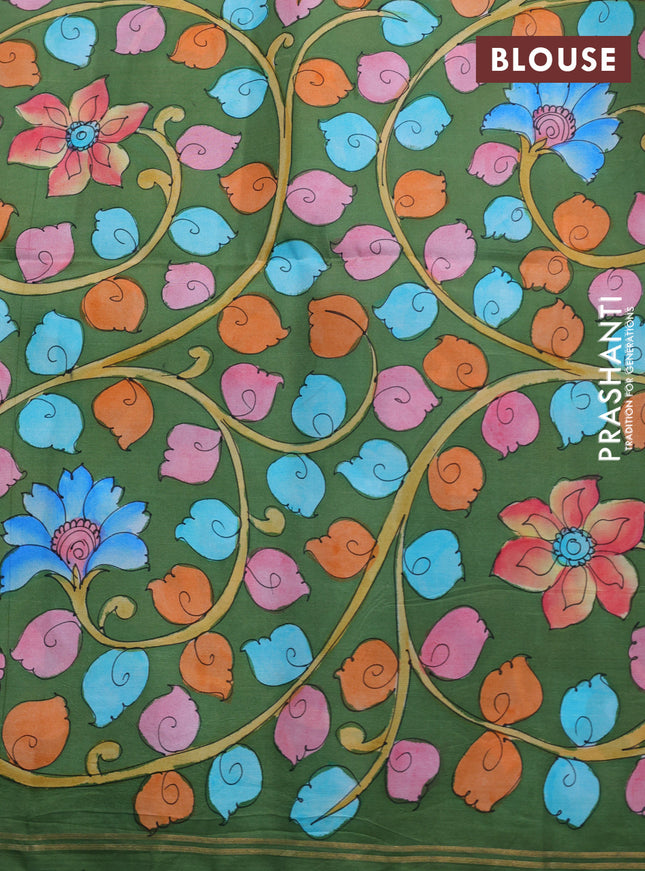 Pure soft silk saree purple and sap green with plain body and hand painted kalamkari pallu