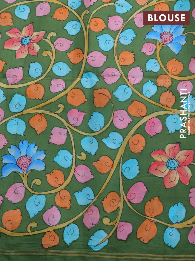 Pure soft silk saree purple and sap green with plain body and hand painted kalamkari pallu