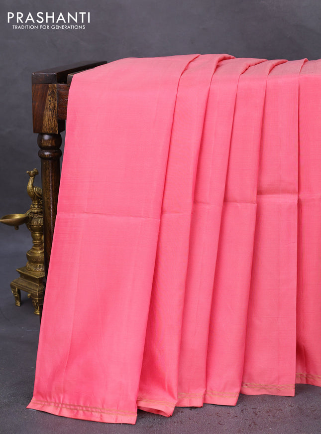 Pure soft silk saree peach pink and green with plain body and hand painted kalamkari pallu