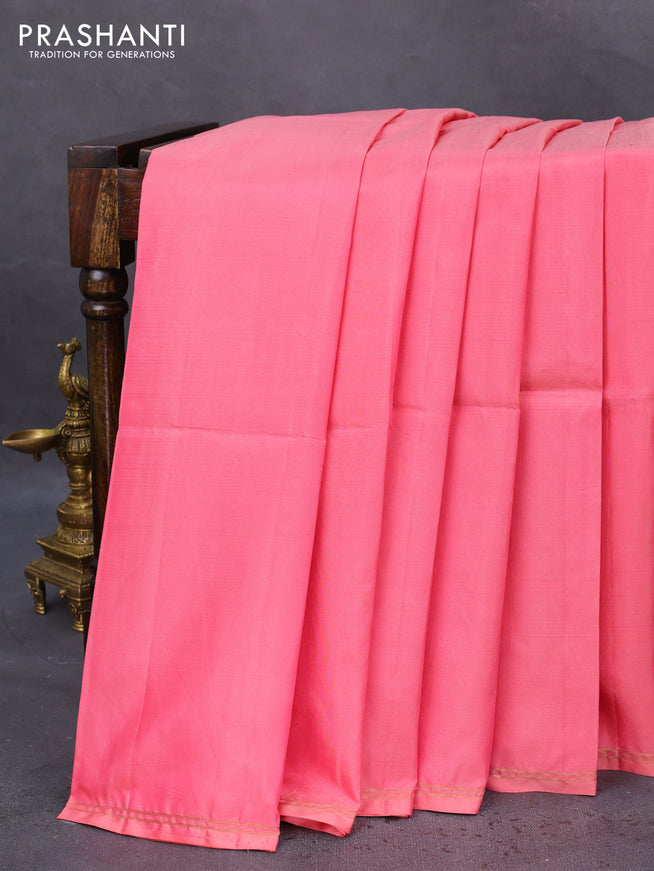 Pure soft silk saree peach pink and green with plain body and hand painted kalamkari pallu