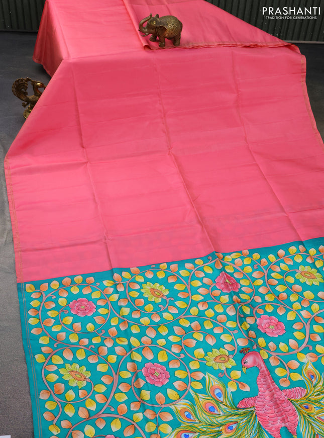 Pure soft silk saree peach pink and green with plain body and hand painted kalamkari pallu
