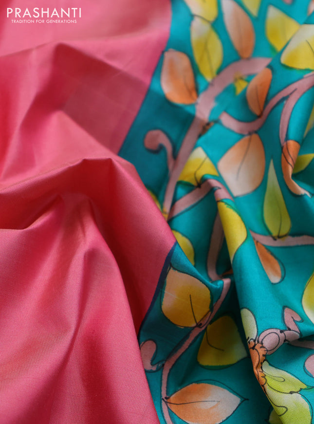 Pure soft silk saree peach pink and green with plain body and hand painted kalamkari pallu
