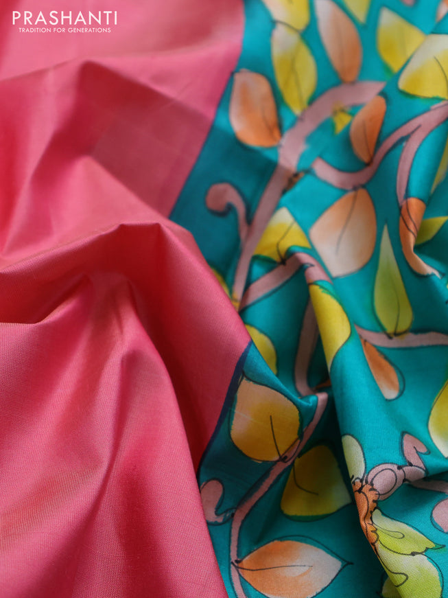 Pure soft silk saree peach pink and green with plain body and hand painted kalamkari pallu