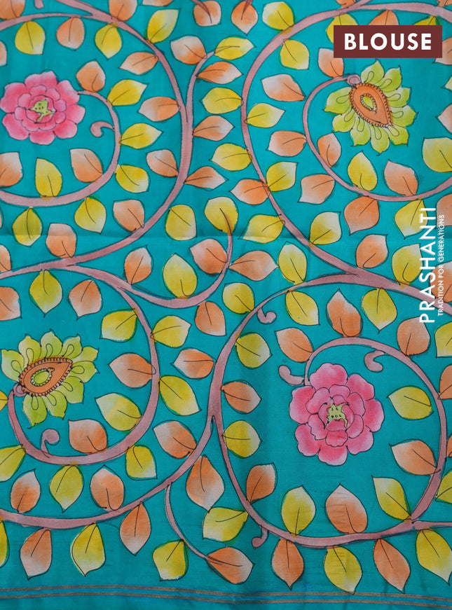 Pure soft silk saree peach pink and green with plain body and hand painted kalamkari pallu