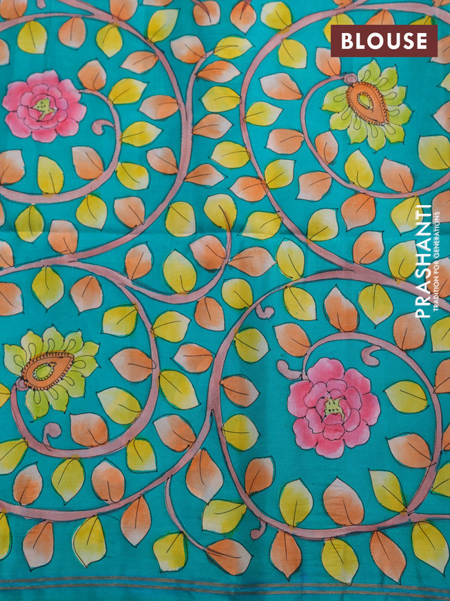 Pure soft silk saree peach pink and green with plain body and hand painted kalamkari pallu